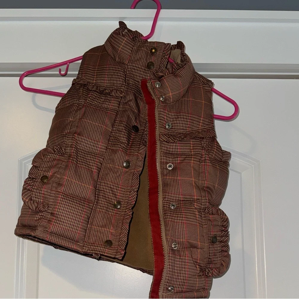 GAP Kids Checkered Puffer Vest - Brown and Red